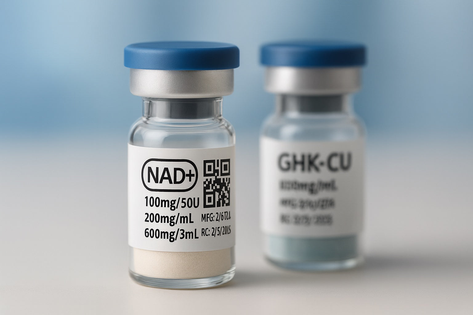 Research vials labelled NAD+ and GHK-CU